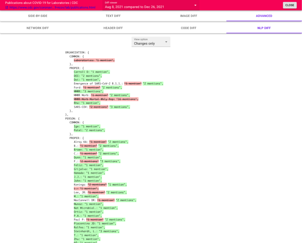 Detect changes to AI extracted terms, such as people, places, organizations