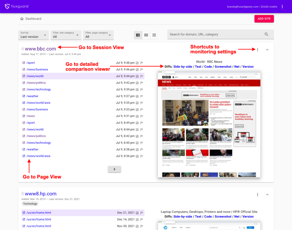 Rich dashboard provides quick views of all recent changes