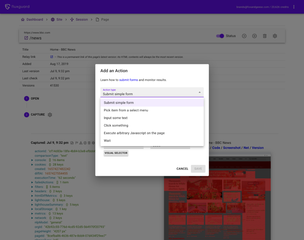 Add actions such as form submissions, clicks, Javascript insertions, and more