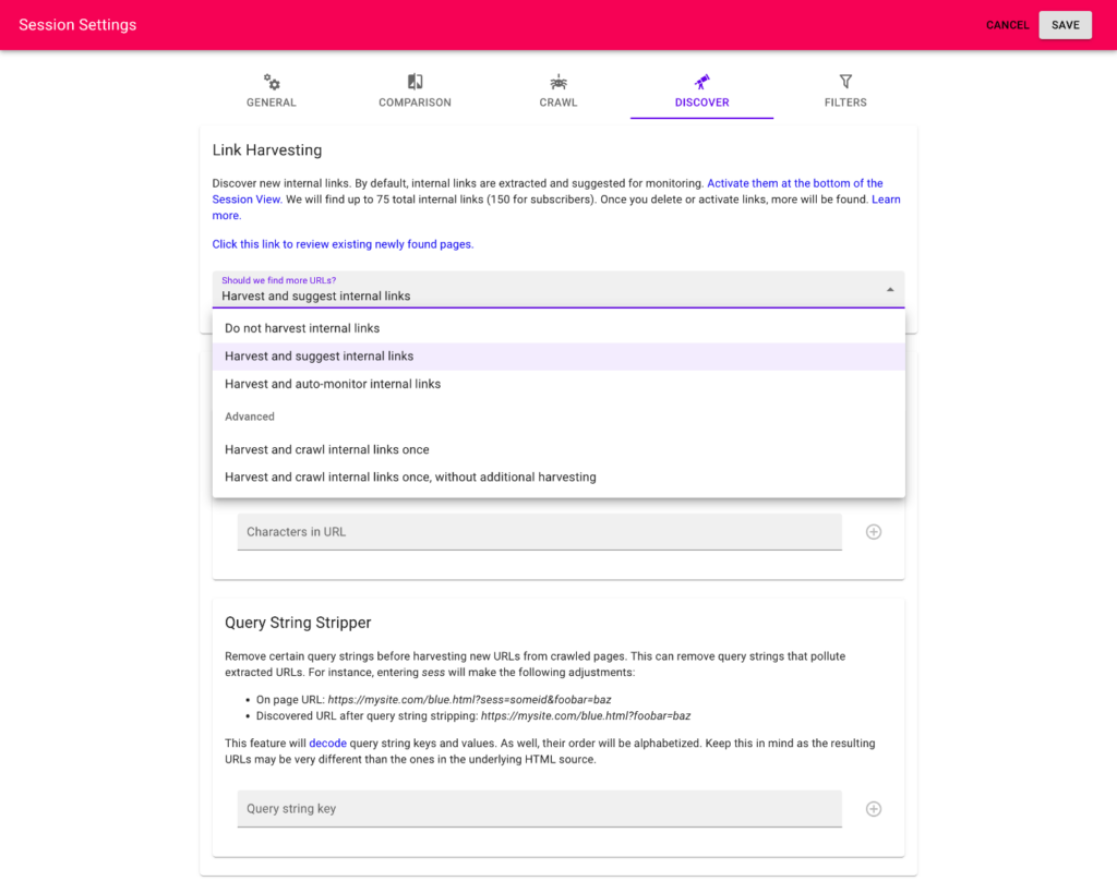 Configure URL finding: Fluxguard extracts and proposes new URLs to monitor